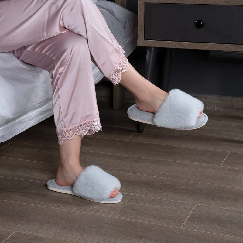 Parlovable Women's Faux Fur Slippers Fuzzy Flat Spa Fluffy Open Toe House Shoes Indoor Outdoor Slip on Memory Foam Slide Sandals Grey 9-10 - Image 4